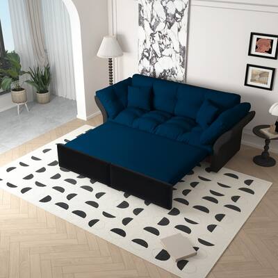 Queen Pull Out Sofa Bed, 3-in-1 Convertible Sleeper Sofa, Velvet Chaise Loveseat Daybed with 2 Soft Pillows