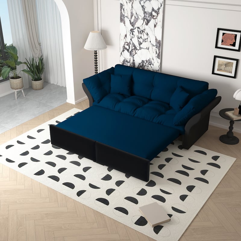 Queen Pull Out Sofa Bed, 3-in-1 Convertible Sleeper Tufted Sofa with 2 Soft Pillows, Velvet Loveseat Bed - Blue
