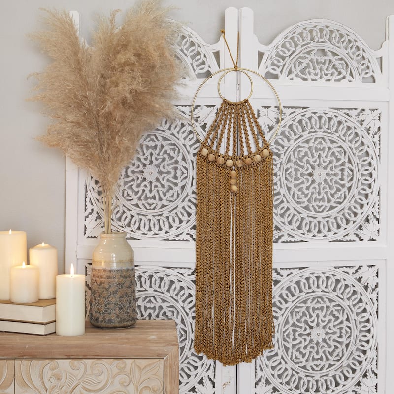 Cotton Fabric Macrame Handmade Intricately Weaved Home Wall Decor with Beaded Fringe Tassels - Brown - Roche River Decor