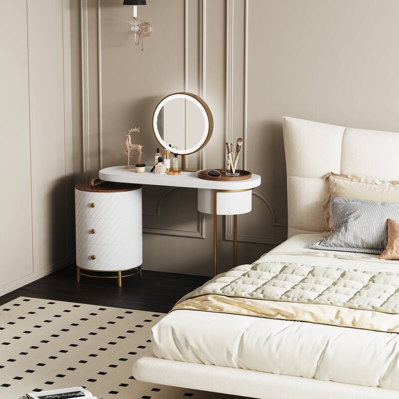 Modern Makeup Vanity Table With LED Lighted Mirror,Dressing Table with Movable Tray Top, 3 Solid Wood Drawer, Without Stool