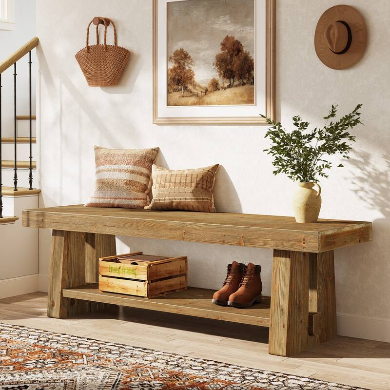 63'' Solid Wood Bench, 2-Tier Entryway End of Bed Bench