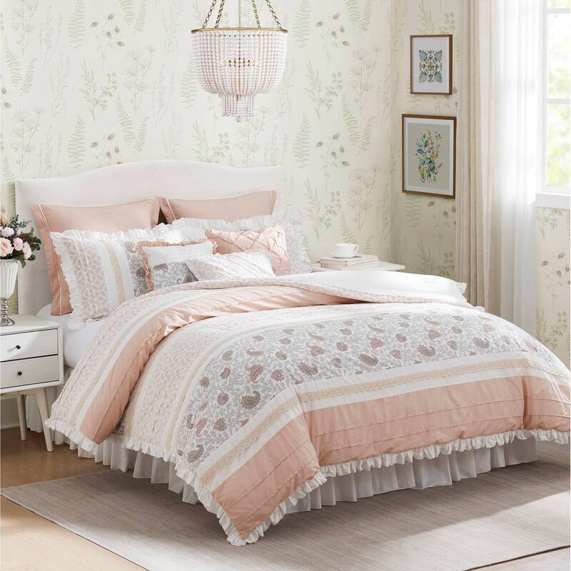 GDF Studio - Dawn 9-Piece Cotton Percale Comforter Set with Decorative Pillows - Blush