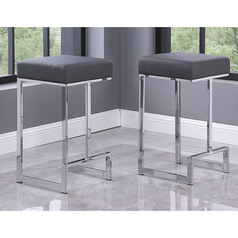 Best Master Furniture Synthetic Leather Silver Counter Height Stool (Set of 2) - Grey
