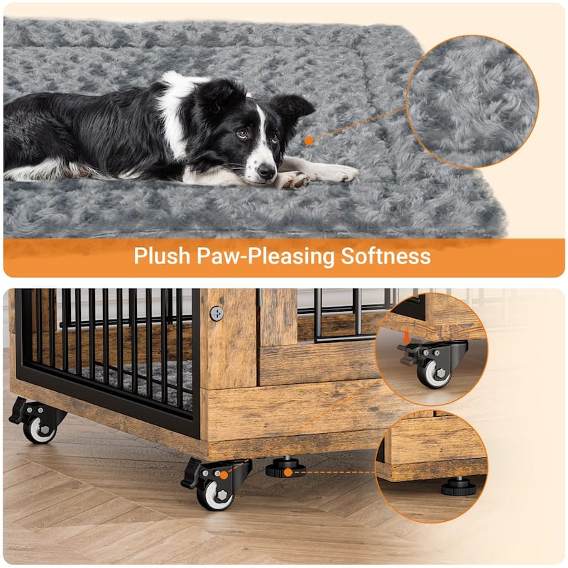 Dog Crate Indoor Heavy Duty Double Doors Wooden Dog Cage with Cushion