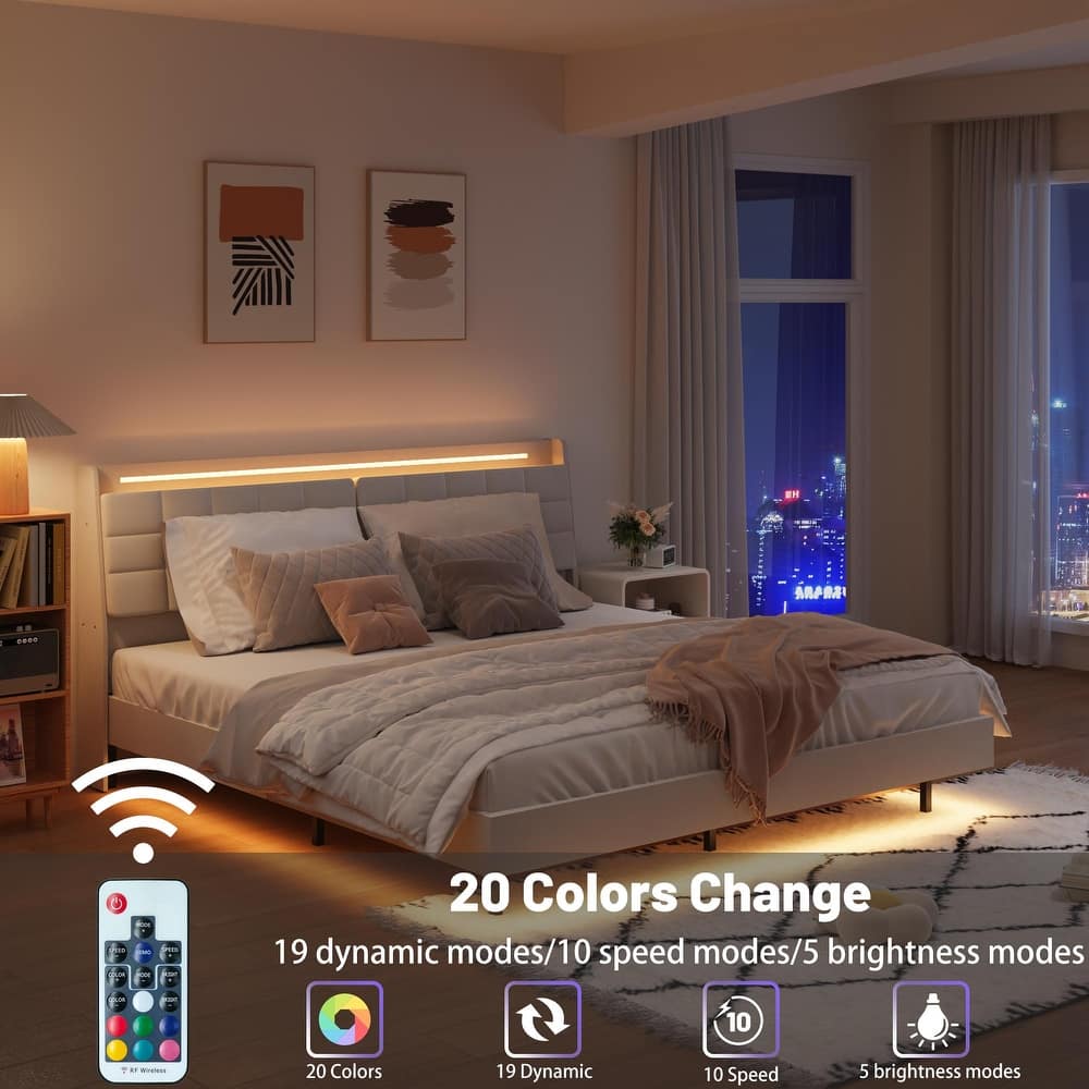 Dreamy Floating Bed Frame with LED Lights, Button Tufted Headboard with USB Ports and Hidden Storage, Velvet Upholstered Bed