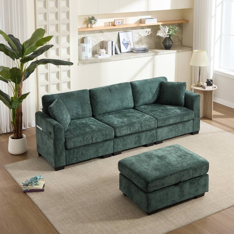 97" L-Shaped Chenille Sectional Sofa with Movable Storage Ottoman