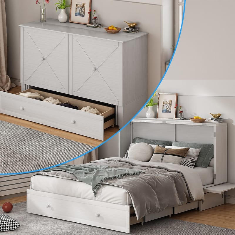 Mixoy Murphy Bed,Cube Cabinet Chest Bed with Charging Station - White - Queen