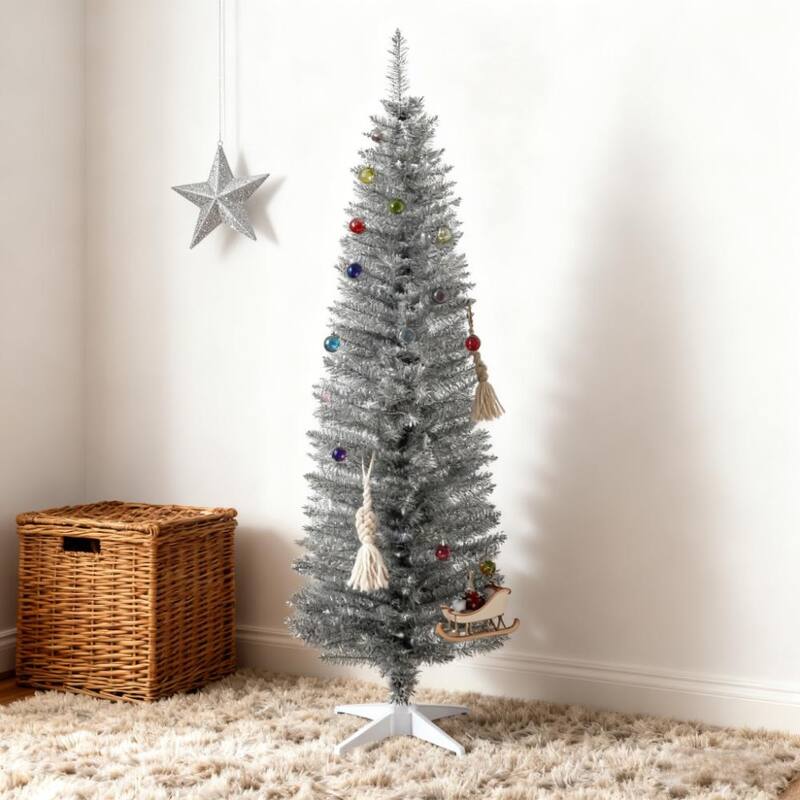 Slim Artificial Pencil Tree - Realistic Branch Tips, Plastic Stand - Silver