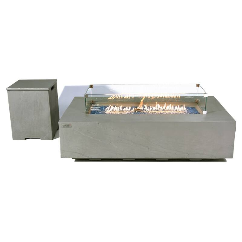 Elementi Plus Meteora Outdoor Fire Pit Table Concrete Rectangular 60000 BTU - 55.9 x 31.9 inches with Lid, Fire Glass, and Cover