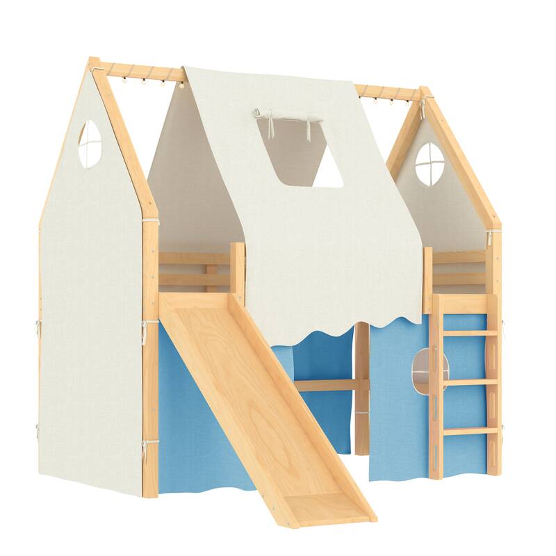 Roomfitters House Loft Bed with Slide and Tent, Solid Wood Frame with Lights
