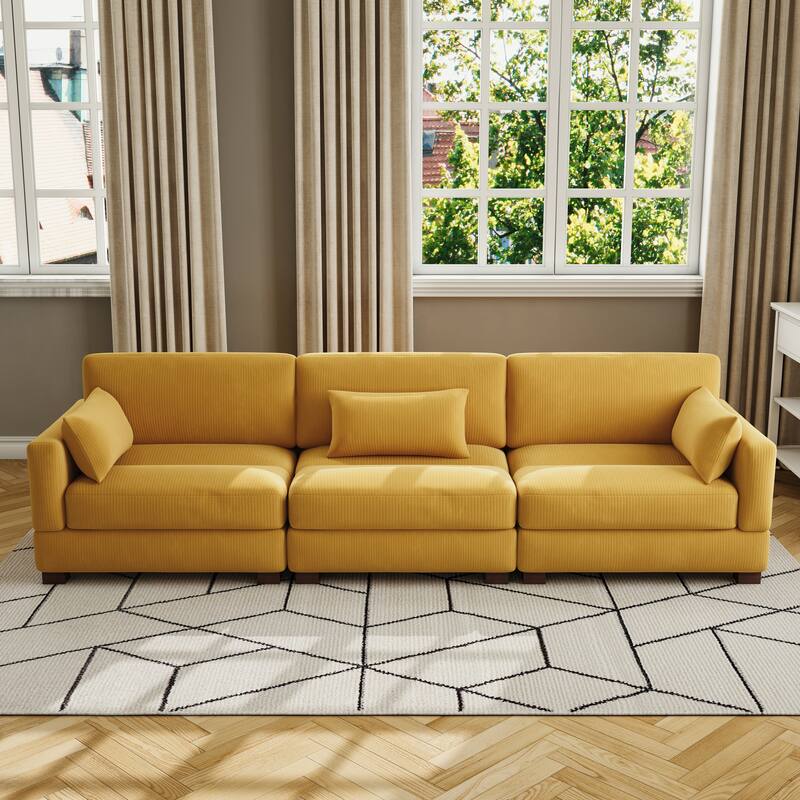 Corduroy Modular Sectional Sofa with Ottoman and Pillows
