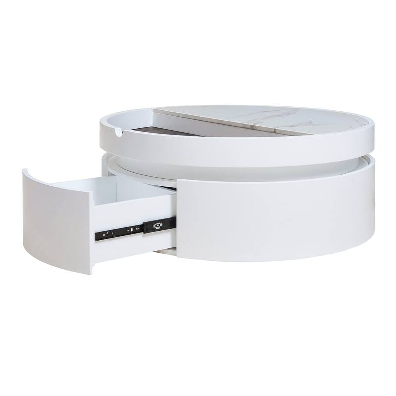 White Round Lift Coffee Table with 1 Drawer