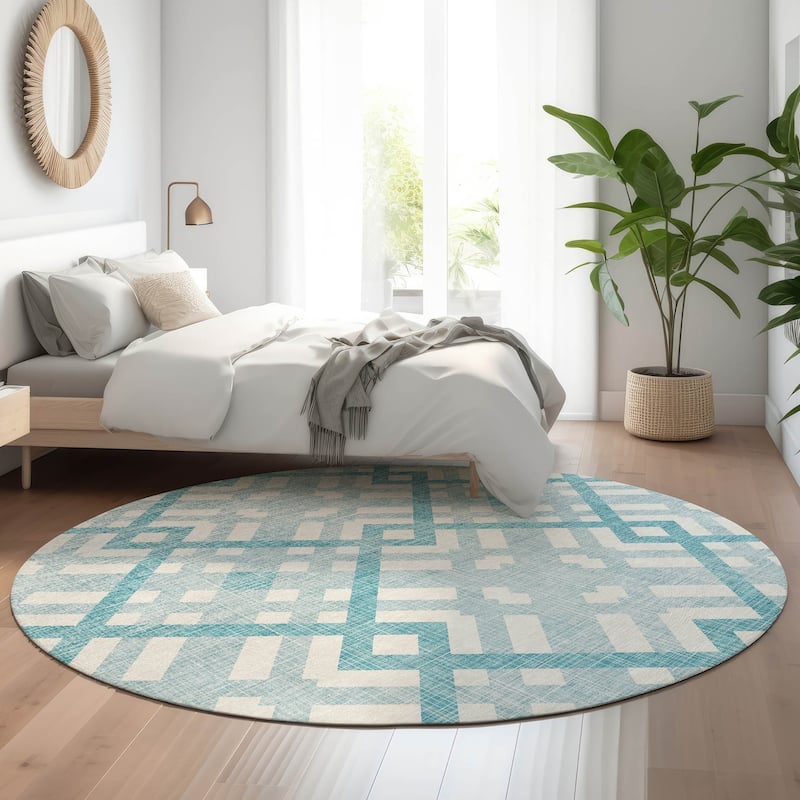 Premium Washable Super Soft Contemporary Geo Mayfield Rug - Teal - 8' x 8' - Round
