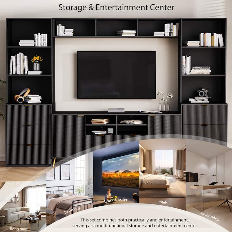 112.5" Entertainment Wall Unit with 13 Shelves, 8 Drawers and 2 Cabinets for TVs Up to 70"