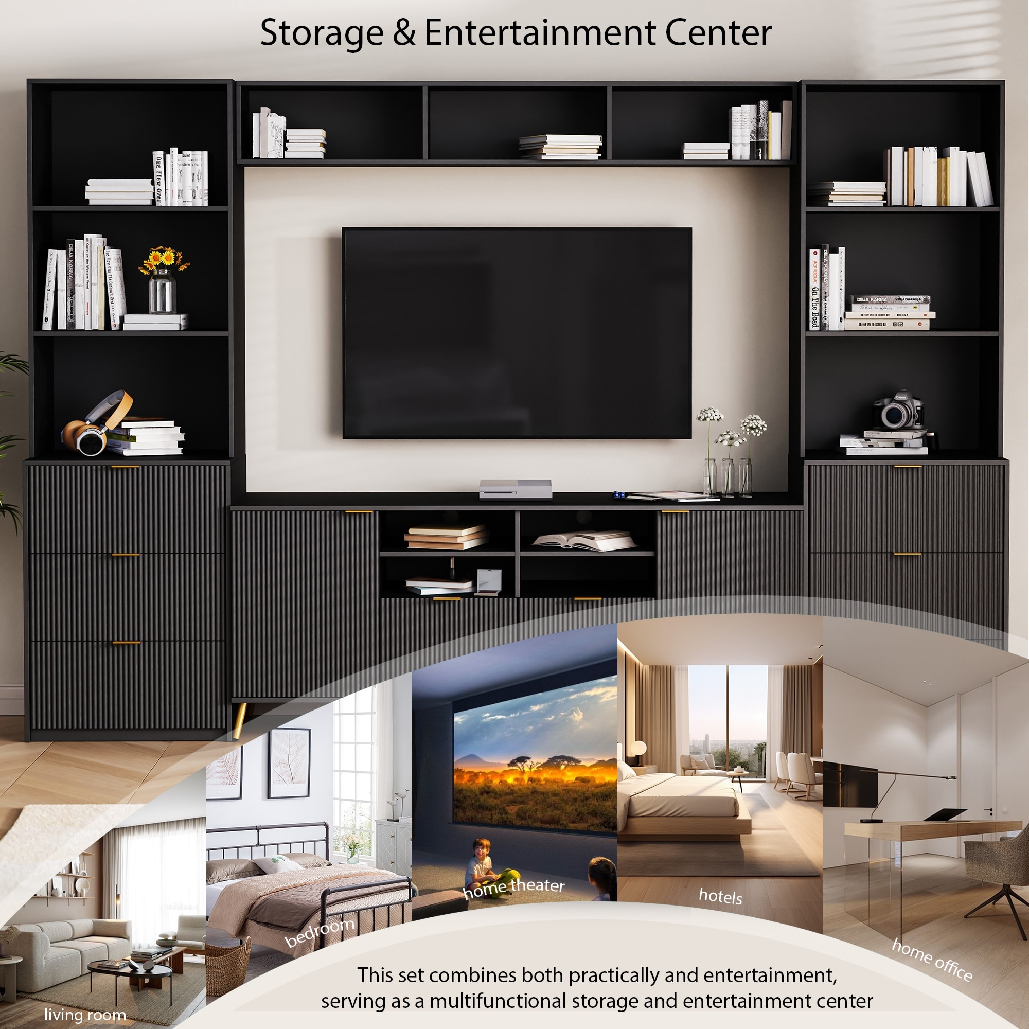 Black Multifunctional TV Stand Media Storage Cabinet 4-Piece Entertainment  Wall Unit with 13 Shelves, 8 Drawers and 2 Cabinets, image size:2000x2000