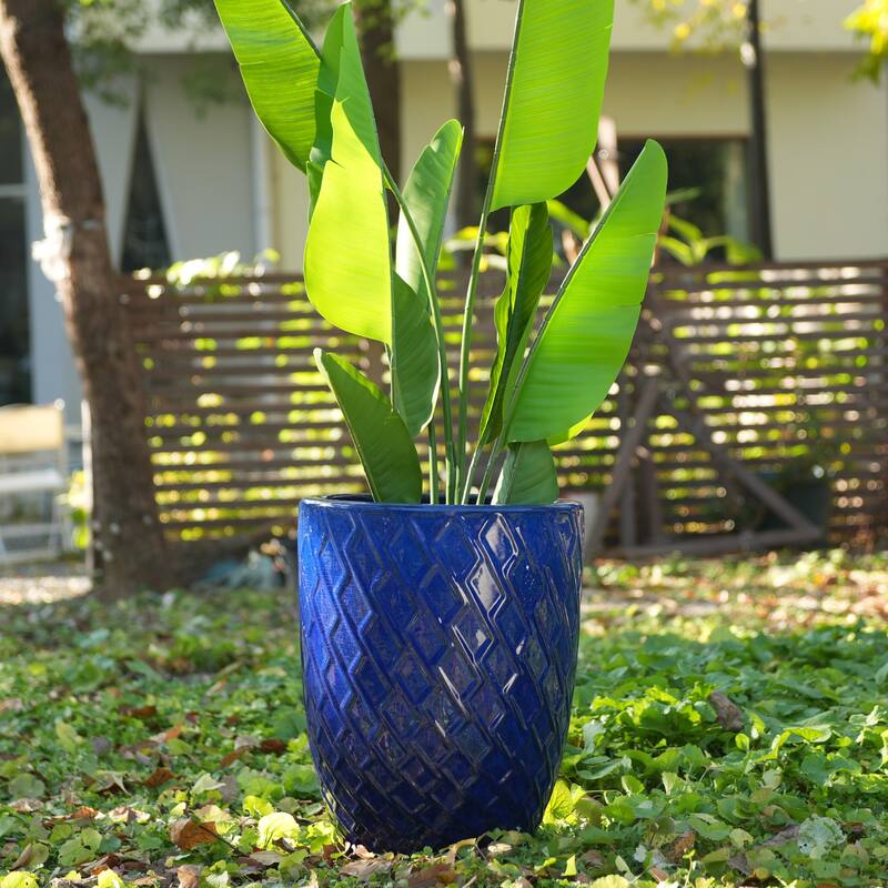 Handmade Ceramic Planter Pot, 17"Diameter, 1 Piece, Navy Blue with Diamond Pattern, for Monstera Deliciosa and Fiddle Leaf Fig