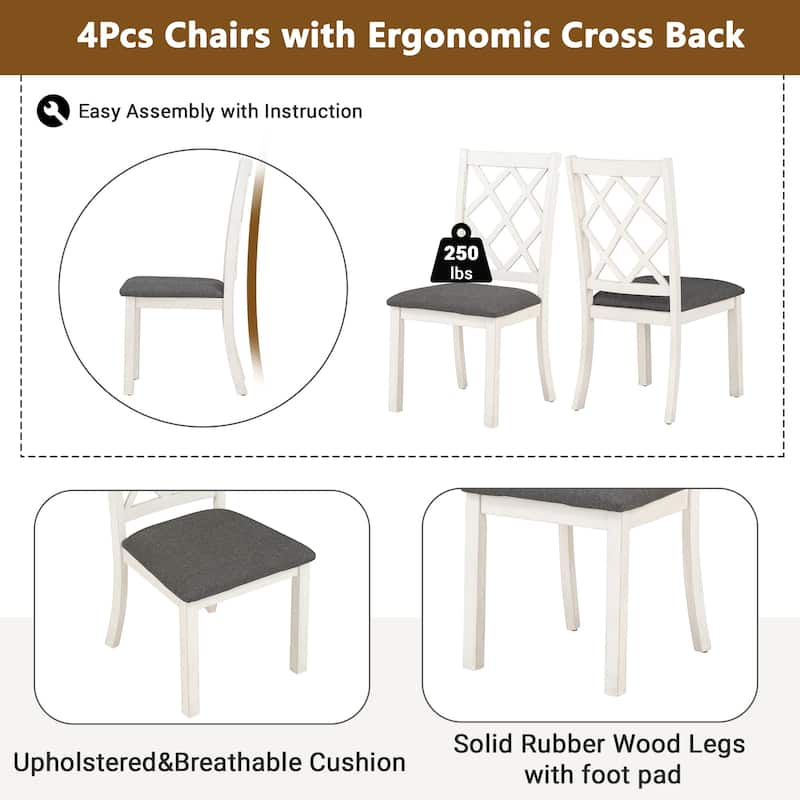 5-Piece Solid Wood Round Dining Table Set with Upholstered Chairs