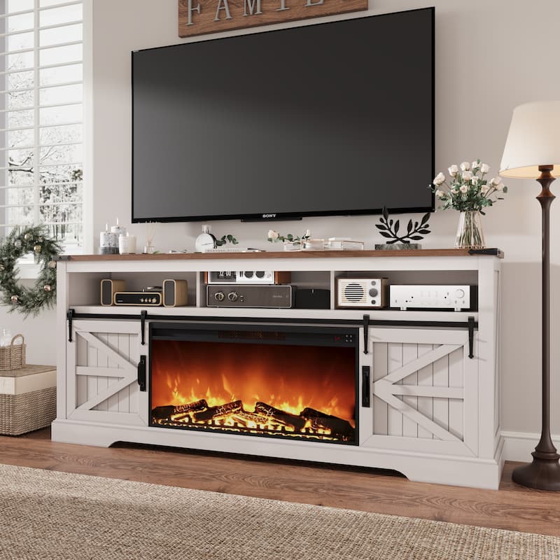 Fireplace TV Stand,Farmhouse Entertainment Center w/Sliding Barn Door
