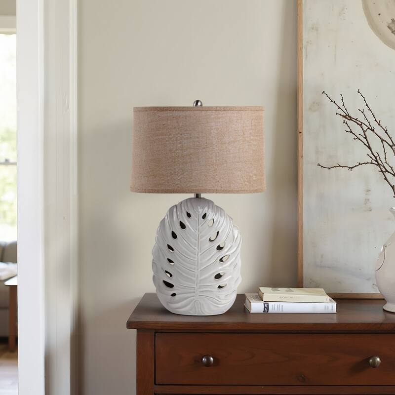 Stoneware Table Lamp Coastal with Leaf Cutout Design - 29" White - 18" x 10" x 29" - 18" x 10" x 29" - White