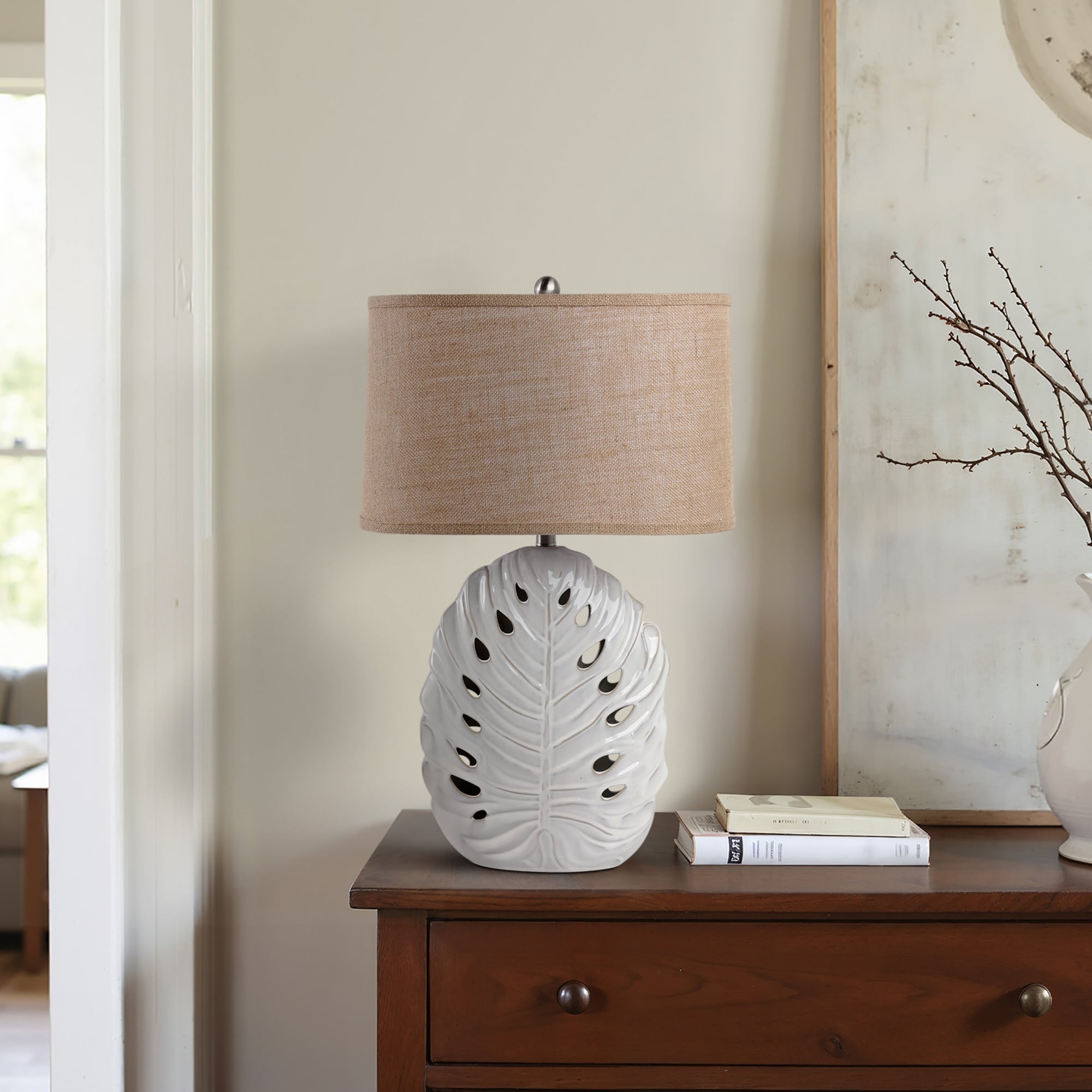 Stoneware Table Lamp Coastal with Leaf Cutout Design - 29" White - 18" x 10" x 29"