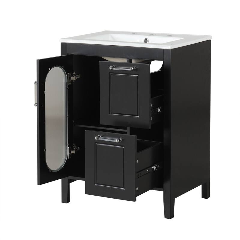 24" Black Bathroom Vanity with Sink - Solid Wood & MDF, Moru Glass Door, 2 Drawers, Adjustable Shelf