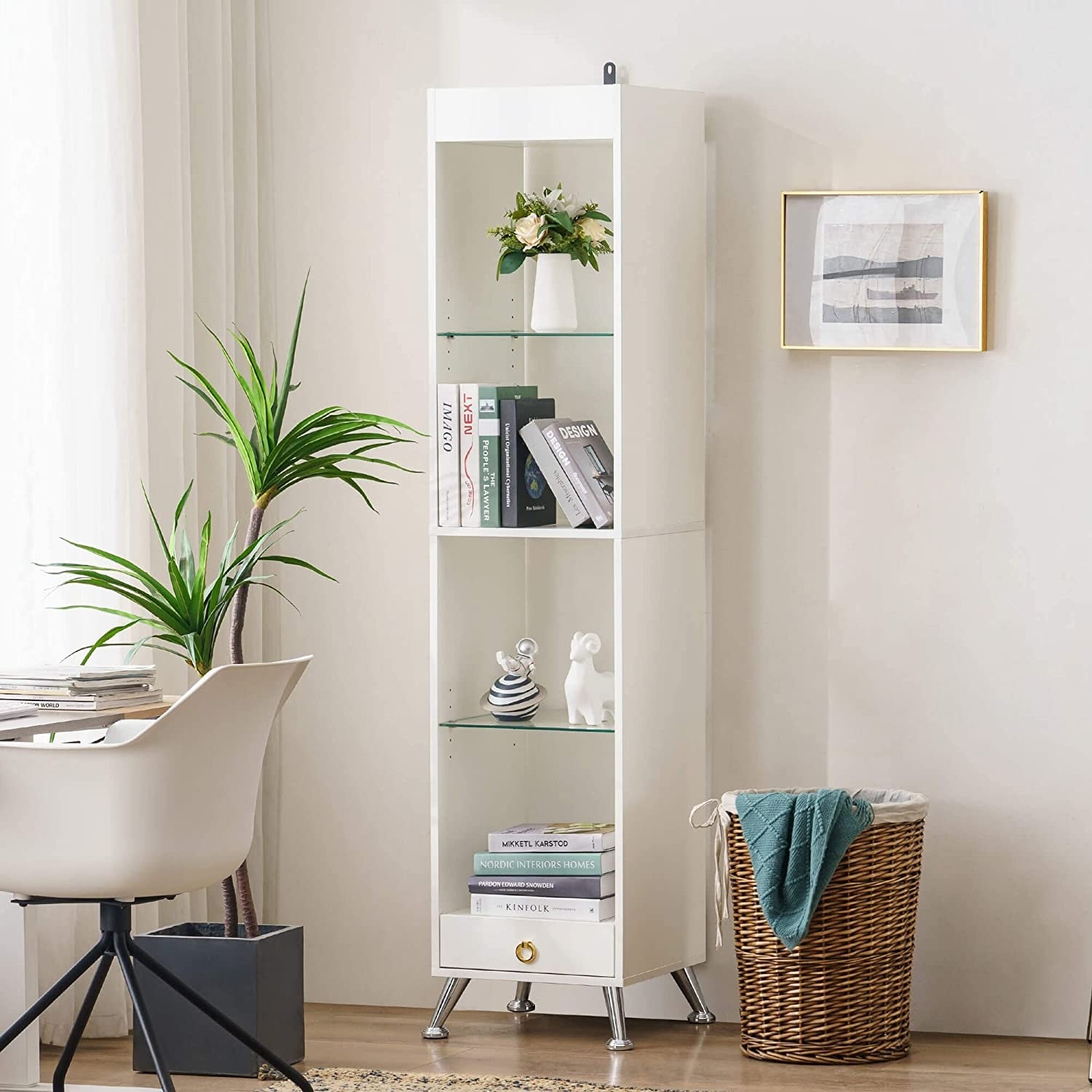 Ivinta Tall Bookshelf for Small Spaces, Narrow Bookcase with Adjustable  Glass Display Shelf - Bed Bath & Beyond - 36483859