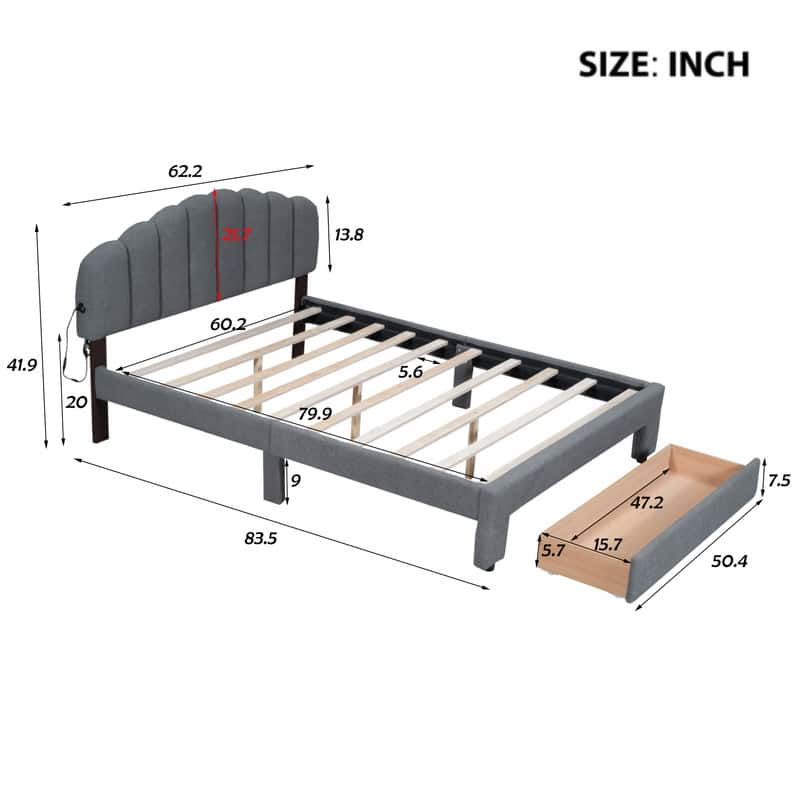 Grey Queen Size Upholstered Platform Bed LED Bed Frame with Drawer ...