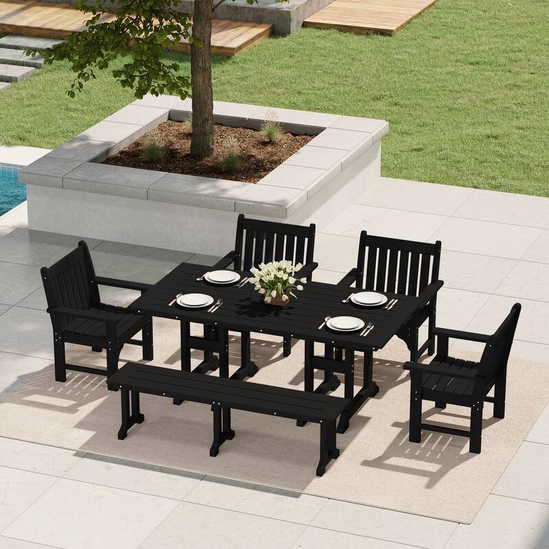 Laguna 6-Piece Outdoor Patio Rectangle Table Garden Arm Chair Dining Set With Bench