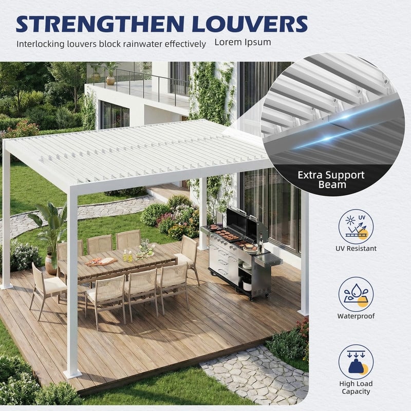 10x12FT Outdoor Pergola with Adjustable Louvered Roof & Integrated Drainage, Heavy-Duty Metal Louvered Pergola for Patios