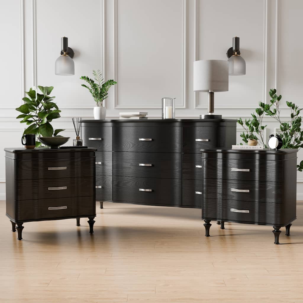 Furniture of America Seabliss Glam 3-Piece Black Solid Wood Dresser and 2-Nightstand Bedroom Set