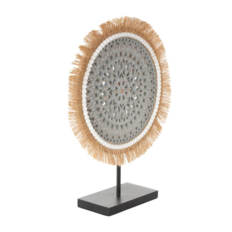 White or Gray Wooden Handmade Seagrass Fringed Sculpture with Black Base
