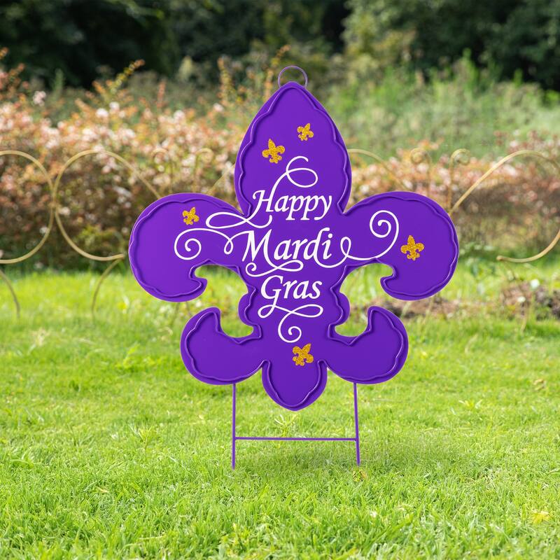 Glitzhome 24"H Mardi Gras Metal Fleur-de-Lis Yard Stake