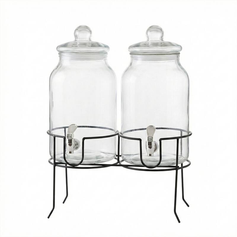 Rustic Home Beverage Dispenser Set/2 With Black Metal Stand