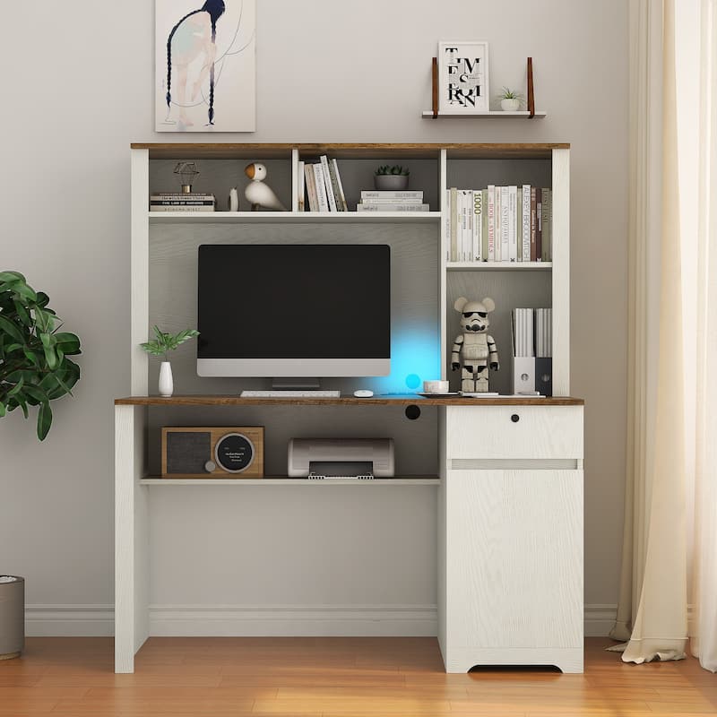 51.18" Computer Desk, Modern Executive Desk with Drawers and Cabinet, Home Office Desk with Charging Station for Work, Study - White