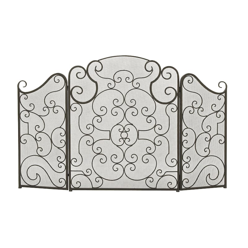 Metal Scroll Foldable Mesh Netting 3 Panel Fireplace Screen - Black - Roche River Decor - Black
