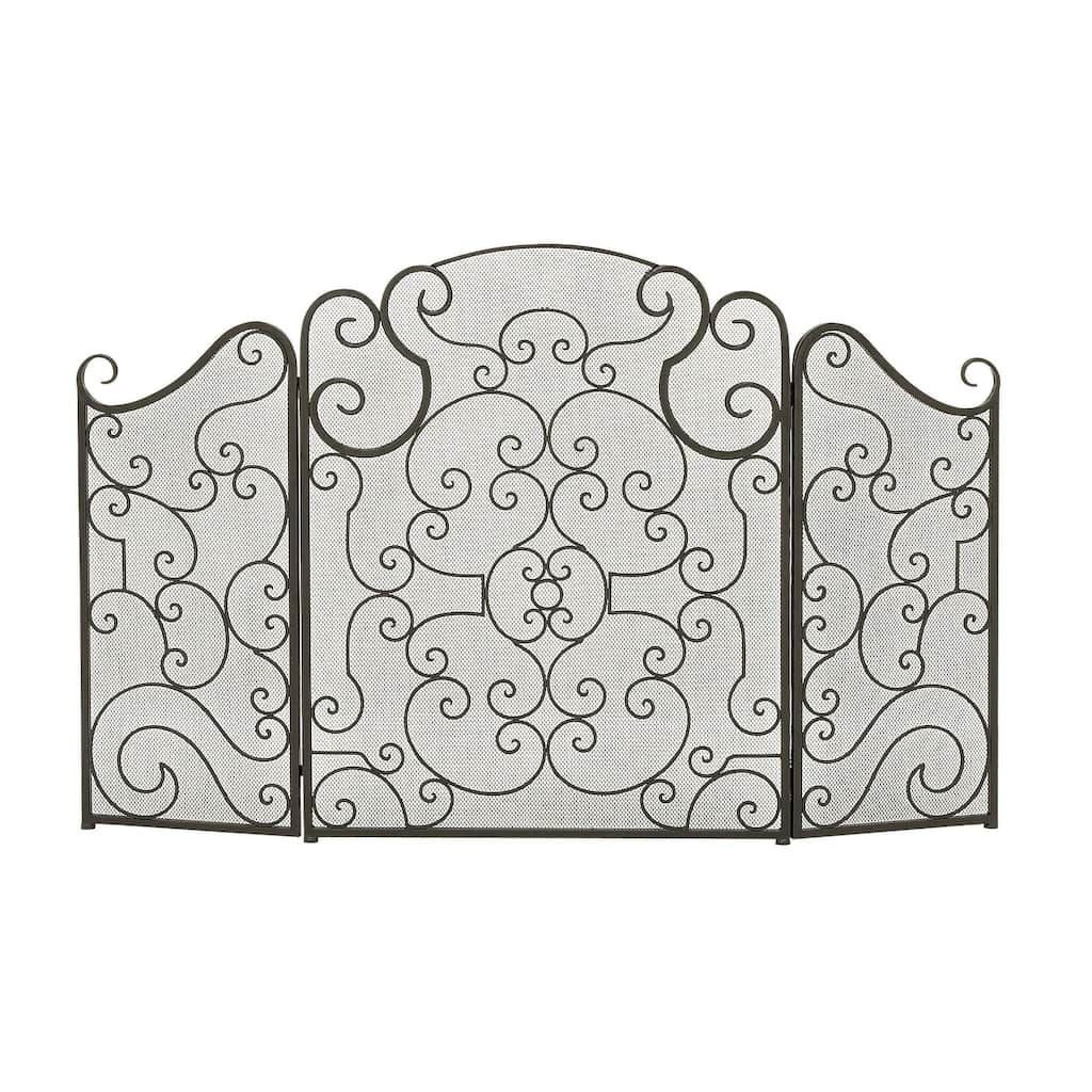 Metal Scroll Foldable Mesh Netting 3 Panel Fireplace Screen - Black - Roche River Decor