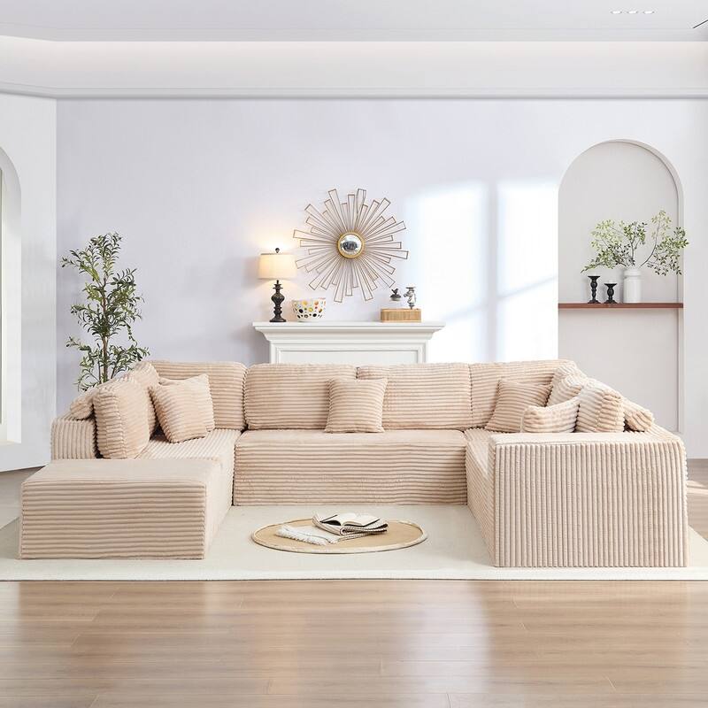 Mixoy 136"U-Shaped Modular Corduroy Sectional Sofa,7-Seater Deep Seats Sofa with Movable Ottoman - U-Shaped