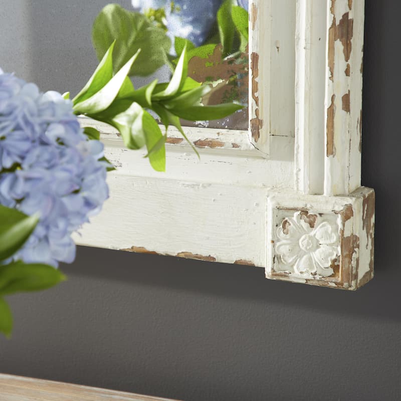 Wood Floral Carved Room Wall Mirror with Distressing - Cream - Roche River Decor