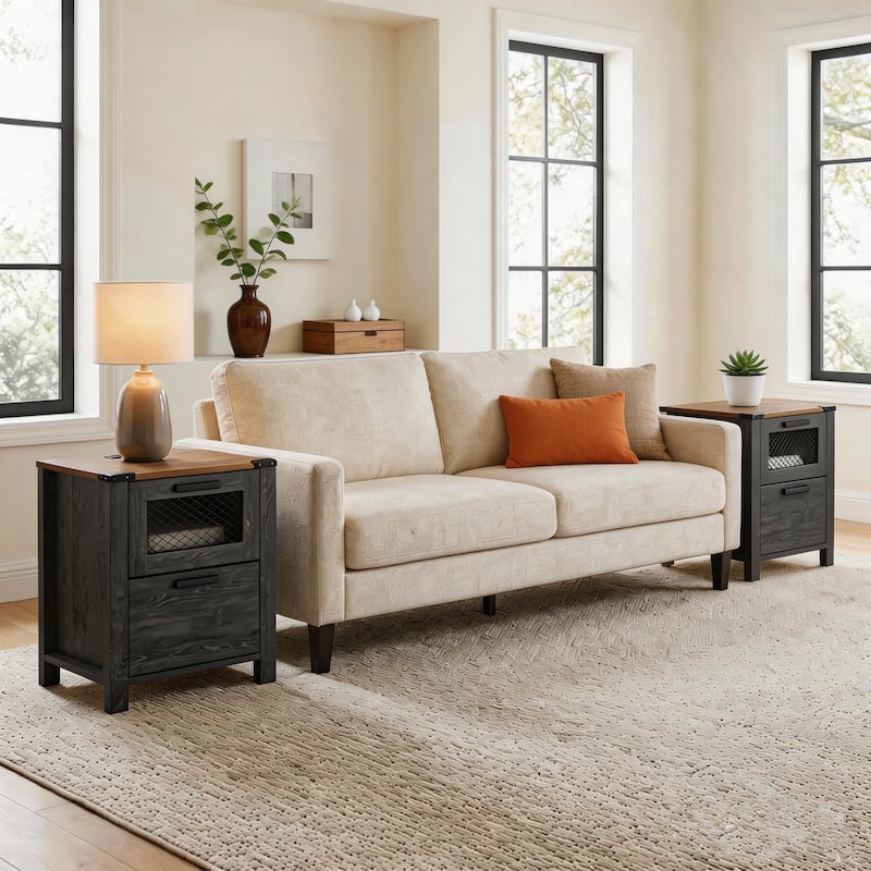 Sofa Side Bedside Table with Charging Station - Black