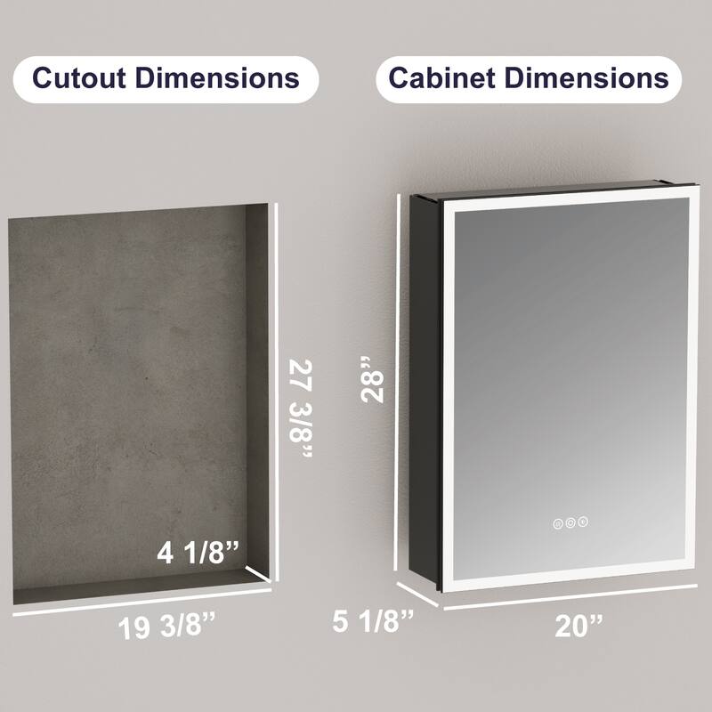 Kylo Aluminum LED Medicine Cabinet with Mirror, Dimmable, Anti-Fog, Recessed/Wall Mount