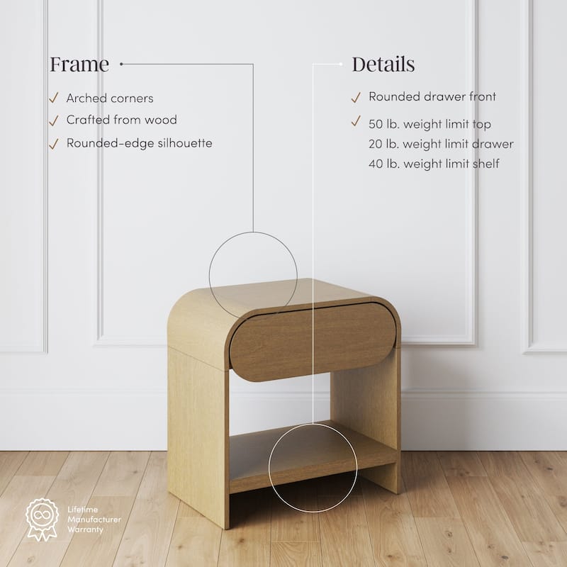 Iris Mid-Century Modern Nightstand with Drawer, Wooden Bedside Table for Bedroom or Living Room with Rounded Silhouette