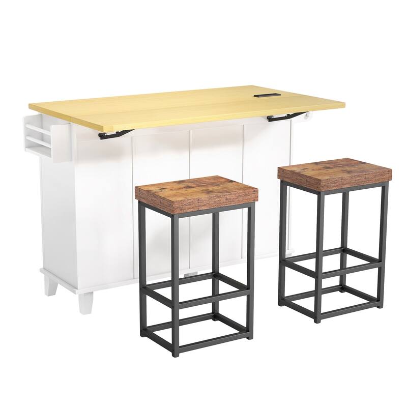 Roomfitters Farmhouse Kitchen Island Cart with Drop Leaf and 2 Stools, Power Outlet and Storage