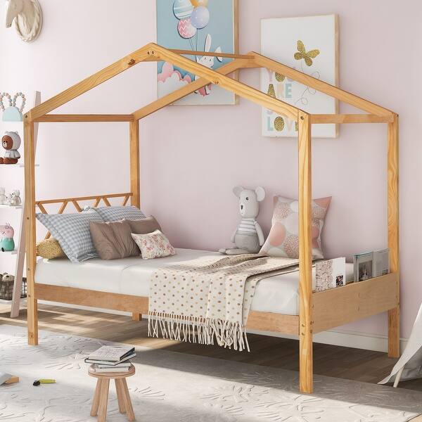 slide 2 of 60, Twin/Full Size House Bed, Wooden Playhouse Bed Frame with Semi-enclosed Roof, Headboard, Footboard Storage for Kids, Teens Natural - Twin