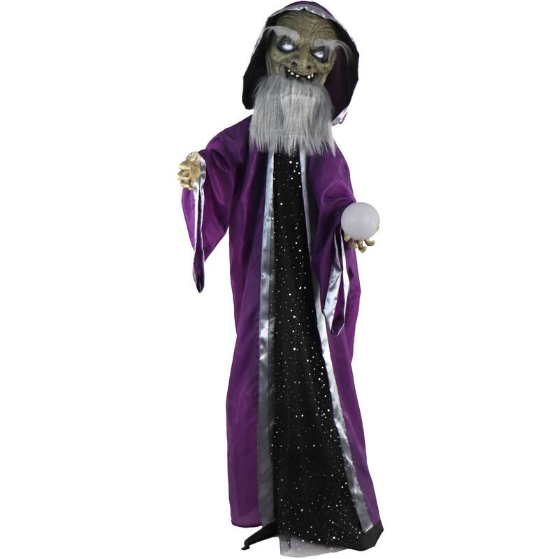 Haunted Hill Farm The Great Zoltan Animatronic Talking Wizard with Movement and Light-Up Crystal Ball for Halloween Decoration