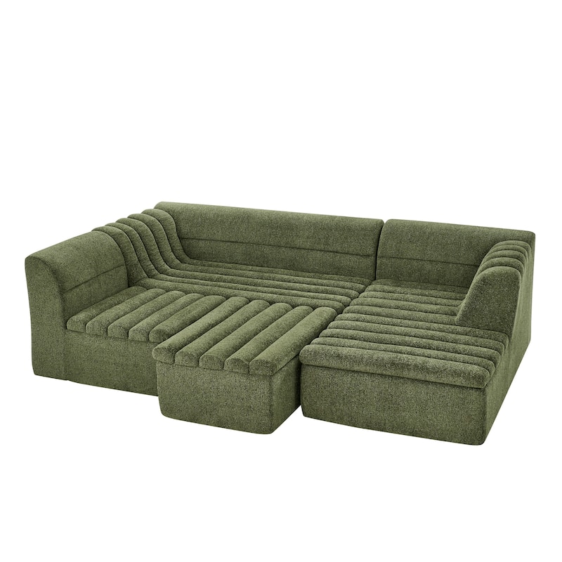 Modular Deep Seat Couches Chenille U-shaped Sleeper Sectional Sofa with Chaise, Ottoman and Wave-Shaped Armrest
