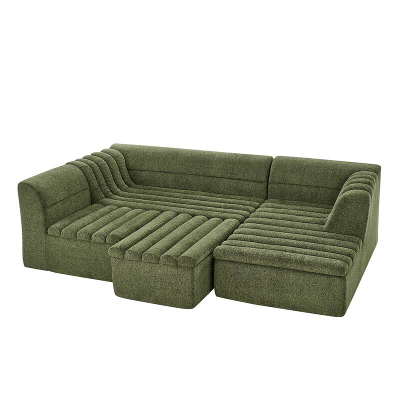 Roomfitters U-Shaped Modular Sectional Sofa with Chaise and Movable Ottoman, Chenille Upholstery and Wave-Shaped Armrest