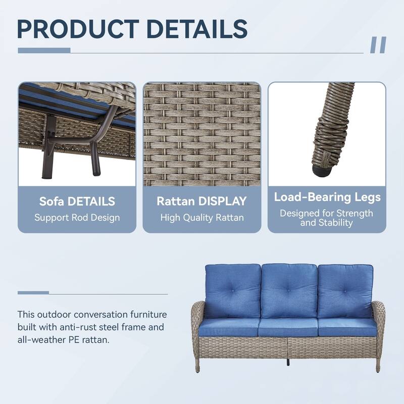 Gymojoy 3-Seat Outdoor Wicker Sofa with Professional Outdoor Cushions