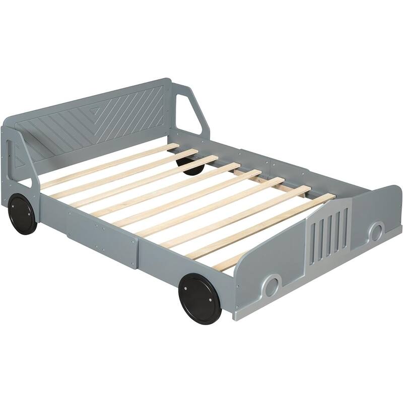 Twin/Full Car Bed for Kids, Car Shaped Platform Bed with Wheels, Headboard and Footboard, Toddler Car Bed Slat Support