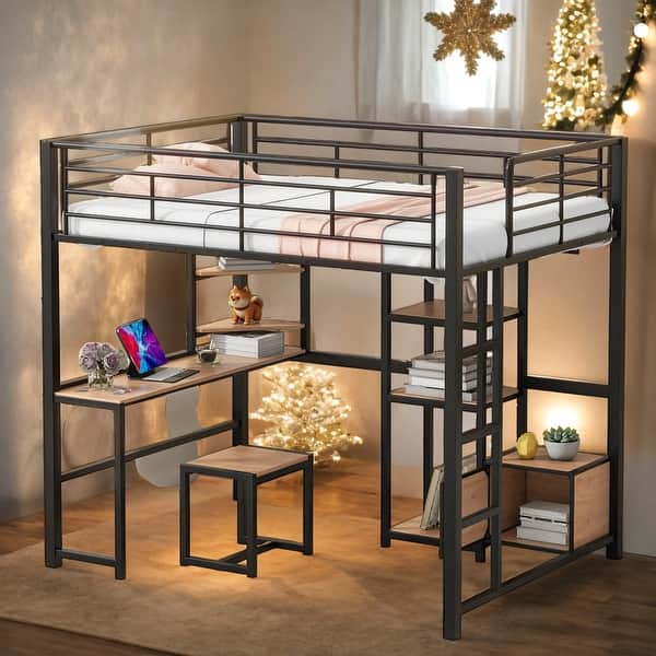 slide 2 of 18, Full Size Metal Loft Bed with Desk and Stool, Wood Kids Bed Frame with Open Wardrobe, Shelves and Cabinet for Bedroom, Black Black