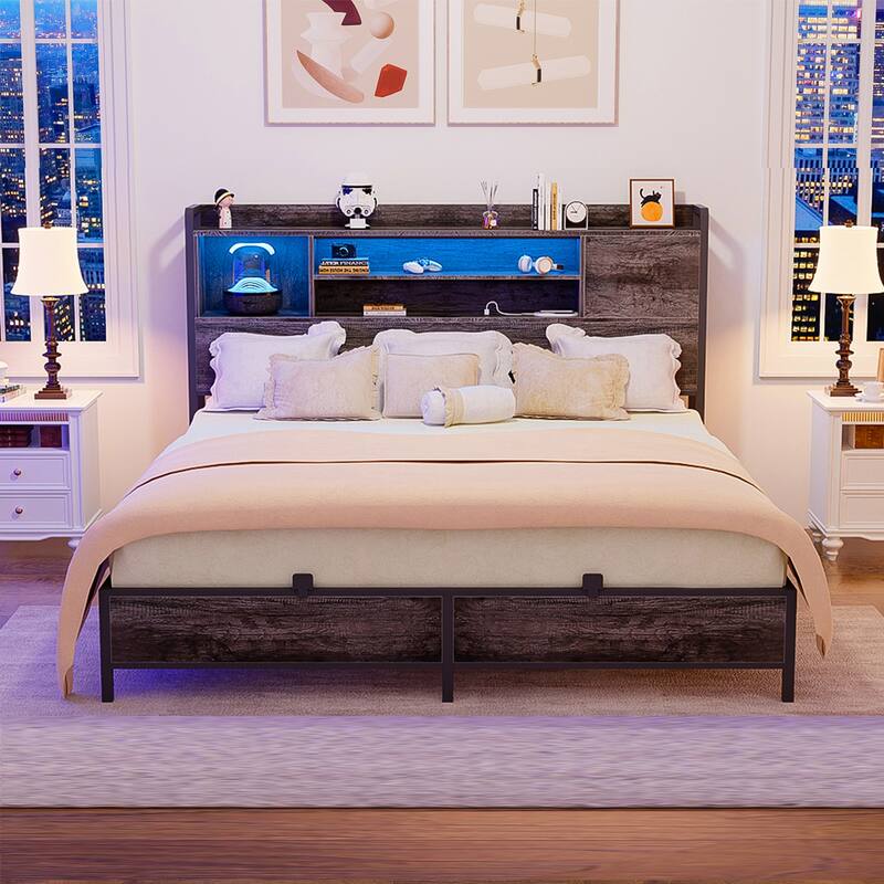 Platform Bed Frame with Reversible Storage Bookcase Headboard and Charging Station and RGB LED Lights